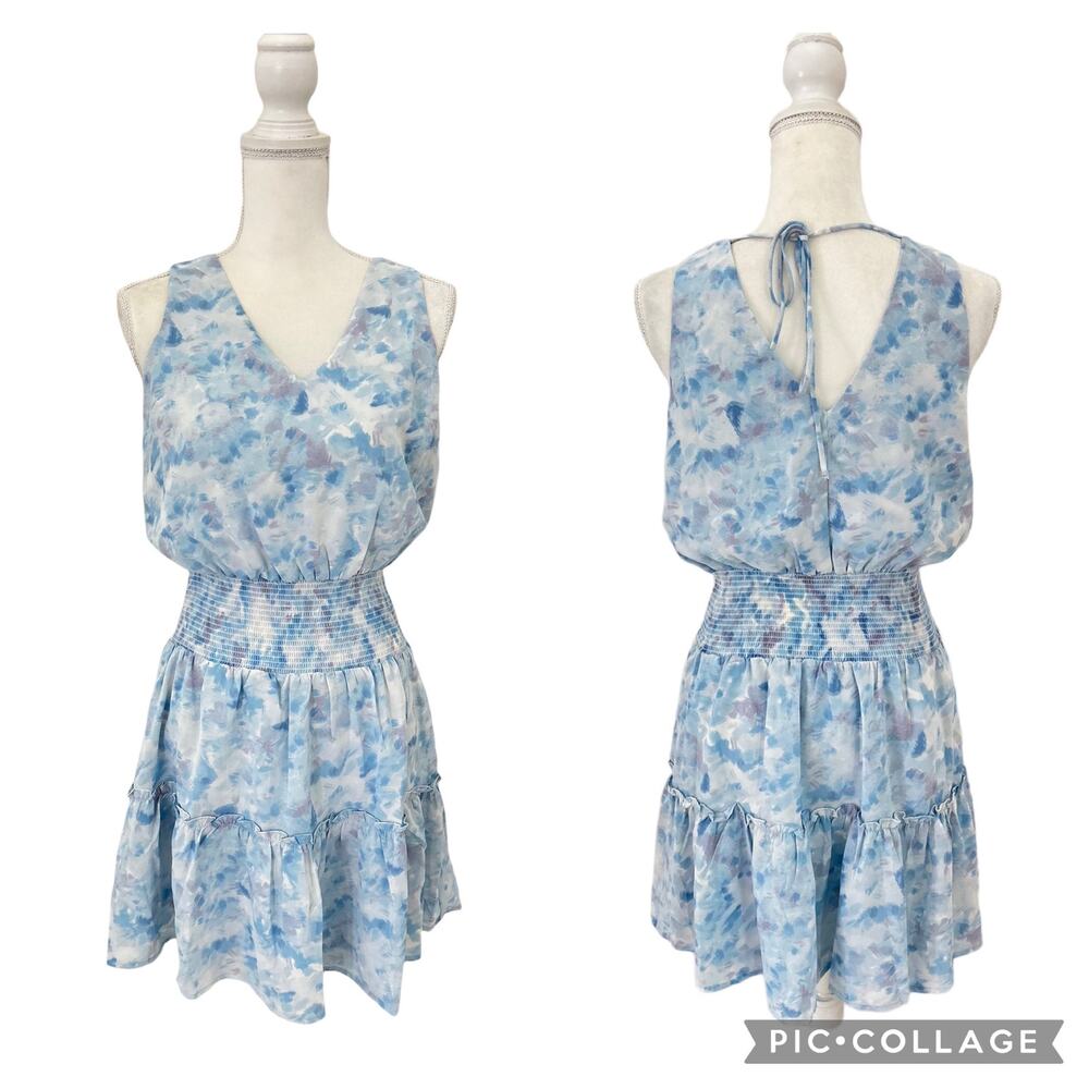 KLD Signature Blue Watercolor Sleeveless Smocked  Mini Dress V Neck Size Medium